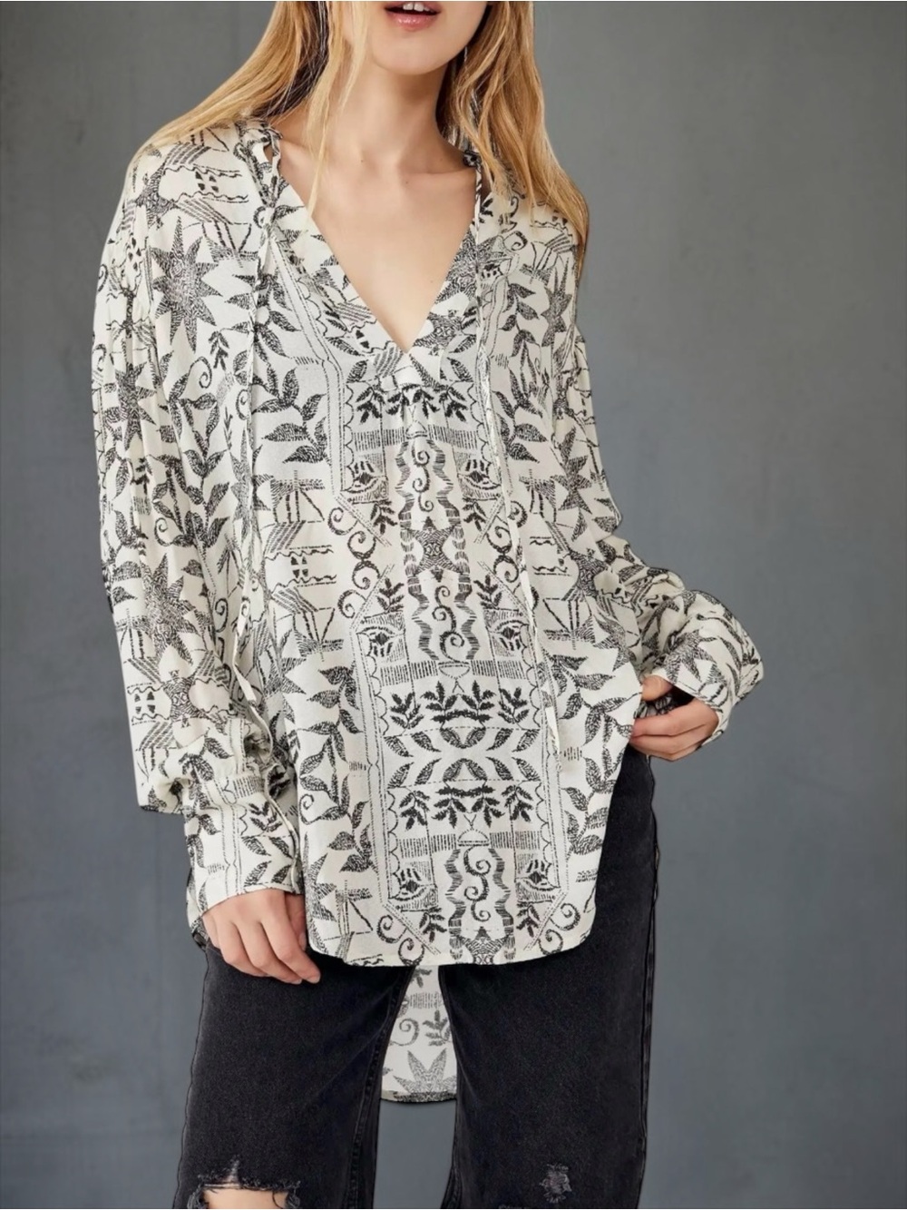 Free People Mia Tunic Top White & Black Boho Print Size L